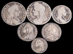 A group of coins comprising:, 1787 shilling, 1757 sixpence, 1745 shilling Lima,