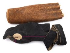 A Japanese Meji period Kyudo yugake (archer's glove):, black suede with purple stitching,