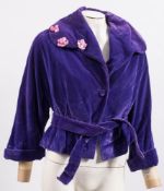 A mid 20th Century purple velvet Bolero jacket by Cresta: with pink silk buttons to collar together