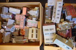 Two boxes of OO/HO gauge plastic and card trackside buildings: includes church, engine sheds,