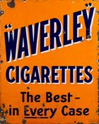 An enamel advertising sign for 'Waverley Cigarettes':, blue and white text on an orange ground,