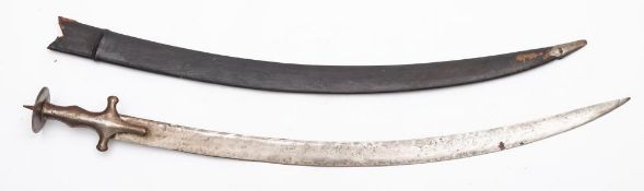 An early 20th century tulwar:, of traditional from with steel grip, in a black leather scabbard,