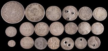 A group of twenty English silver coins:, including an 1844 crown, 1817 half-crown,