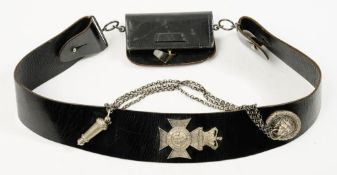 A Kings Royal Rifle Corps black leather cross belt:, with silver plate mounted ammunition pouch ,