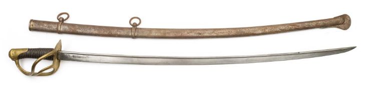A French Light Cavalry officer's sword,: the pipe back blade over gilt brass three bar guard,