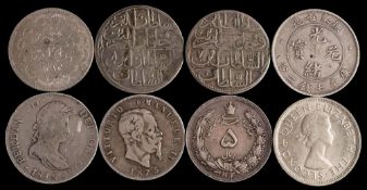 A sheet of eight crown sized silver coins including Turkish,