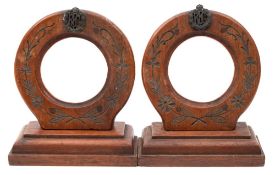 A pair of WWI mahogany photograph frames with RFC cap badge decoration:,