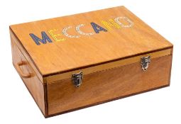 A quantity of various Meccano in a handmade case:, comprising mainly of blue and yellow spans,