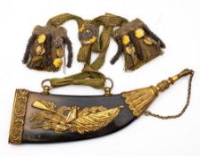 A gilt brass mounted pressed horn powder flask:,