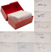 A collection of sports personality autographs on index cards:,
