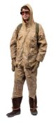 A WWII drab smock and matching trousers:, the smock with label for 'A Raven & Co ,