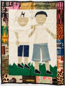 A 20th century American Folk Art tapestry:, depicting two figures surrounded by a patchwork border,