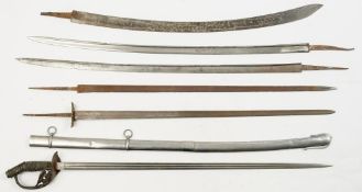 A group of various sword blades of various lengths together with a Prussian infantry sword in