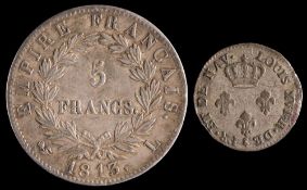 1813 Napoleon 5 Francs, together with a 1779 3 sols coin:,
