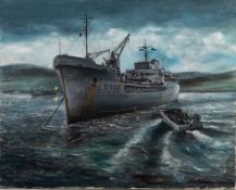C R Owen [20th Century]- HMS Sir Percival,: signed oil on canvas, 60 x 76cm unframed.