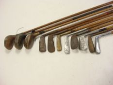 A group of early 20th century golf clubs:, including R G Pilch iron, J B Jolly putter,