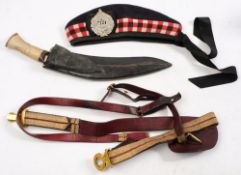 A gilt embroidered sword belt:, together with a Argyle and Sutherland Glengarry, bone handled kukri,