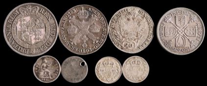 1793 Austrian silver coin:, 1814 Austrian silver coin '20', 1820 George III half crown, 1929 Florin,