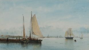 * Robert Moore [b.1945]- Becalmed Fishing Craft; a coastal scene,:- signed, watercolour, 22 x 40cm.