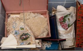 A collection of various and other textiles together with two bone fans:.