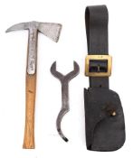 A Merryweather hose spanner in black leather belt, together with a hand axe by Shane Mason & Co:.
