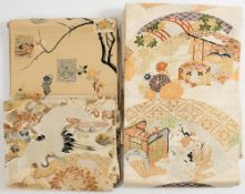 Three Japanese silk Obi (kimono sash):, one with cranes among peonies,