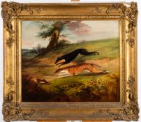 English School 19th Century- Hounds in Pursuit of a hare,:- oil on canvas, 50 x 61cm.