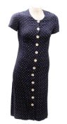A mid 20th century blue and white polka dot dress:, a pink silk blouse,