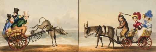 A pair of 19th century humorous watercolours of ladies and gentlemen in donkey carts:, unsigned,