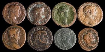 Eight base metal Roman coins, including duponduis:.