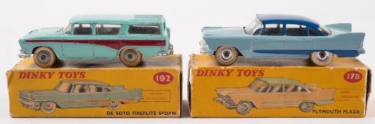 Dinky No 178 Plymouth Plaza:, two tone blue with spun hubs and white tyres,