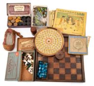 A circular painted solitaire board together with a collection of various marbles:,