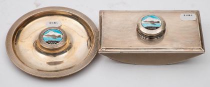 Of Hawker Hunter interest: a silver circular dish and desk blotter with engine turned decoration