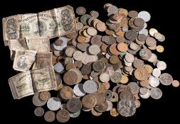A good mixed lot of world silver and copper coins and notes: etc.