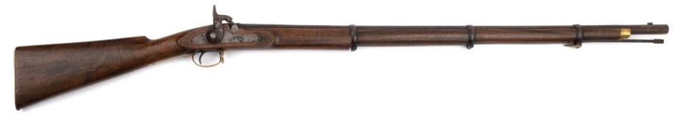A percussion cap rifle:, the plain triple banded barrel stamped '385' to breech, sidelock action ,