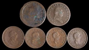George III. six lower grade copper coins including a 1786 Isle of Man penny.