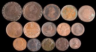 A group of British copper coins:, including cartwheel twopence (x2),
