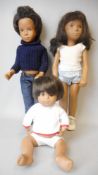 Three Sasha dolls: includes boy, girl and young child, in contemporary clothing, 42 and 30cm.