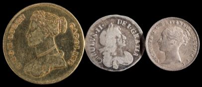Coins. An 1842 higher grade groat, Charles II 1676 3d and a Queen Caroline token:.