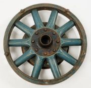 A vintage wooden spoked car wheel:, with iron rim and brake hub, painted in blue and gilt,