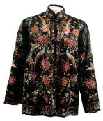 A Chinese black silk embroidered jacket, with bird and flower decoration:,