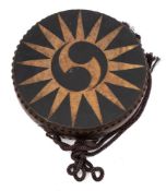A Japanese Edo Period Taiko (war drum): the elm body with hand painted hiragana,