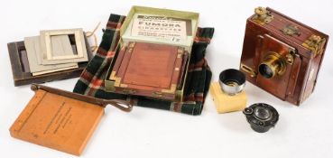 A mahogany and brass three quarter plate camera by G Hare, London:,