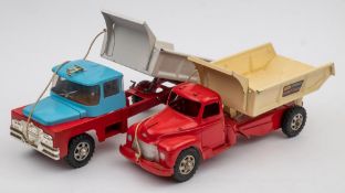 A Mettoy tinplate 'Guy Invincible' tipper truck:, with blue cab, red chassis and white tipper,