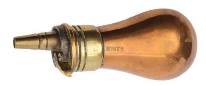 A copper and brass pistol powder flask by Sykes:, 8cm long.