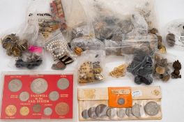 A collection of various military and civilian buttons:, together with miscellaneous coins etc.