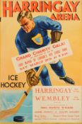 An early 20th century Harringay Arena Ice Hockey Poster:, printed by John Waddington Ltd, London,