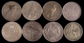 A sheet of eight crown sized silver coins:, comprising three straits settlement dollars, 1904/11/30,