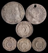 A group of six Charles II Maundy coins:, comprising 1x 4d, 1x 3d (holed),