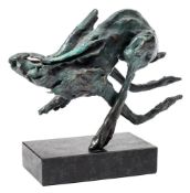 *Emma Rodgers (b 1974) bronze study of a 'Leaping Hare': mounted on a polished marble base, 28 cm.